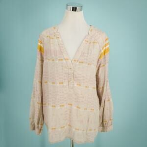 Prana Size XL Abstract Print V Neck Long Sleeve Tecel Lyocell Top Blouse Shirt